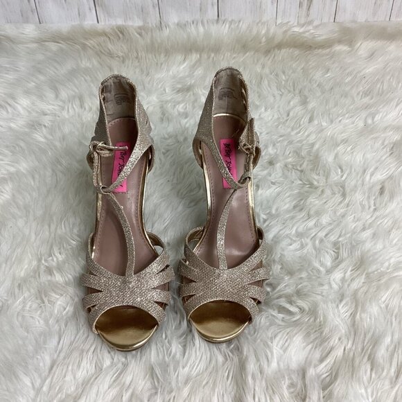 Betsey Johnson Tiara Gold Glitter Heels — Size 9, T-Strap Glam - Picture 4 of 8